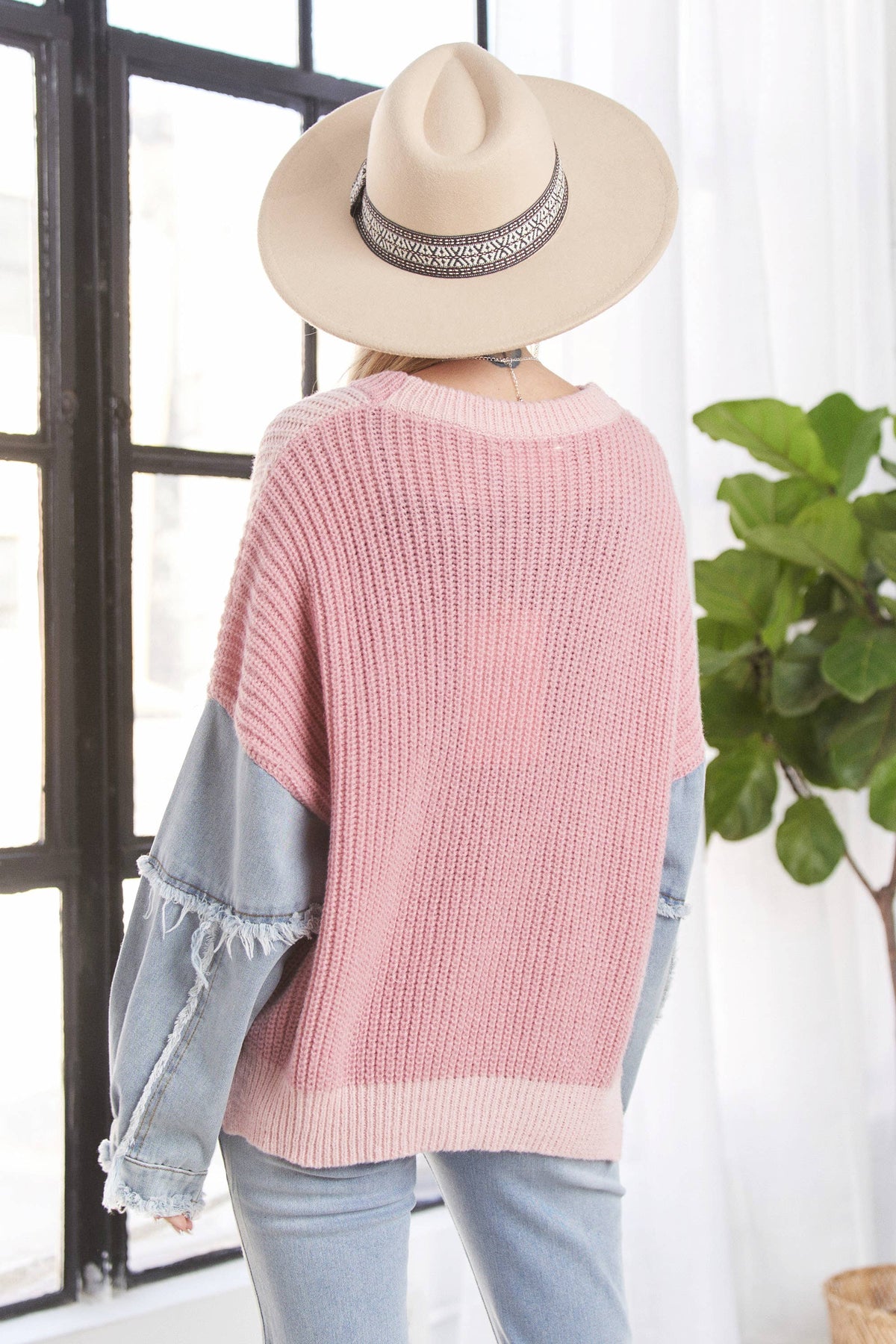 Rosa Dolce Denim Sleeve Sweater - Pink