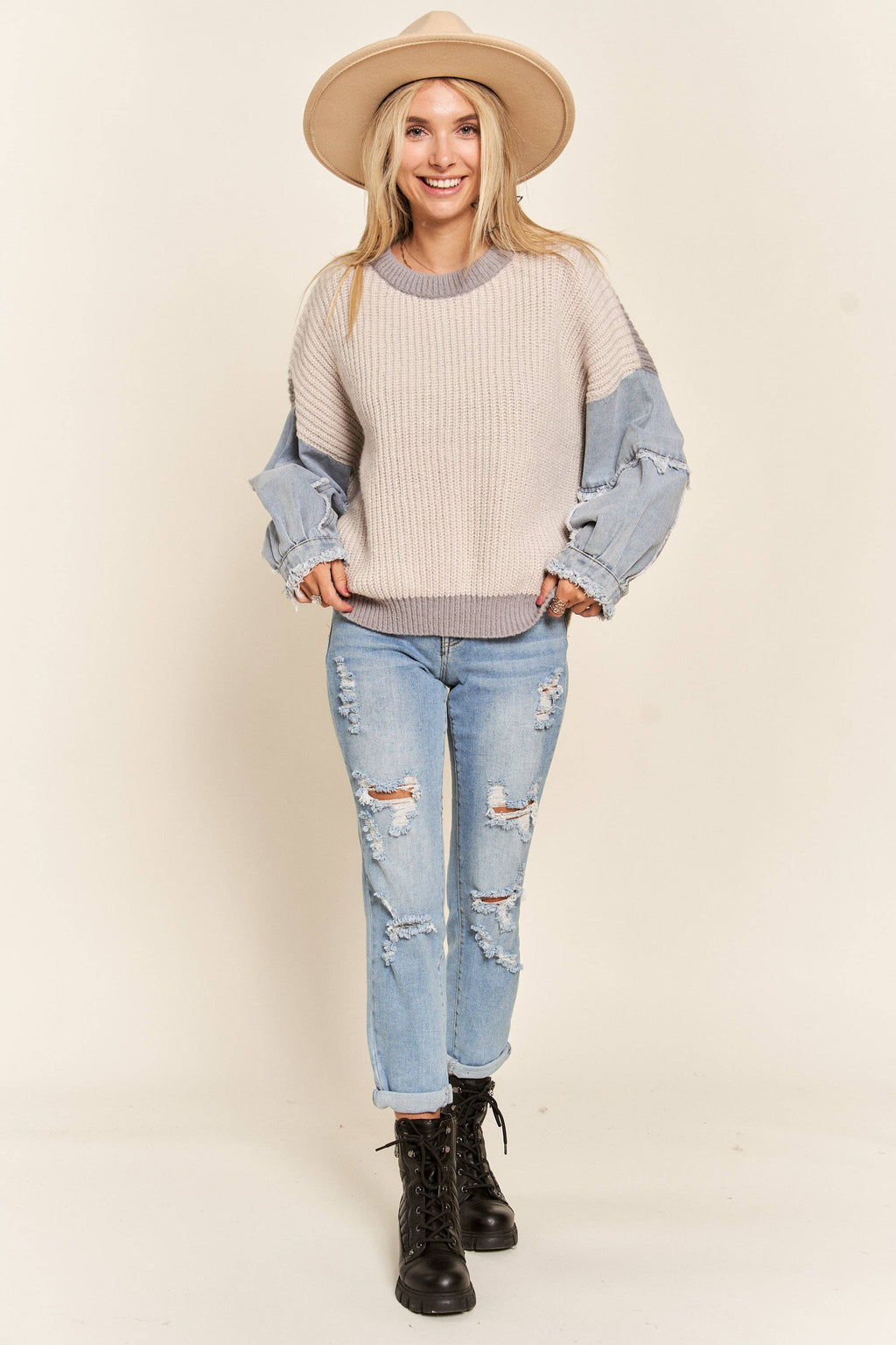 Rosa Dolce Denim Sleeve Sweater - Gray