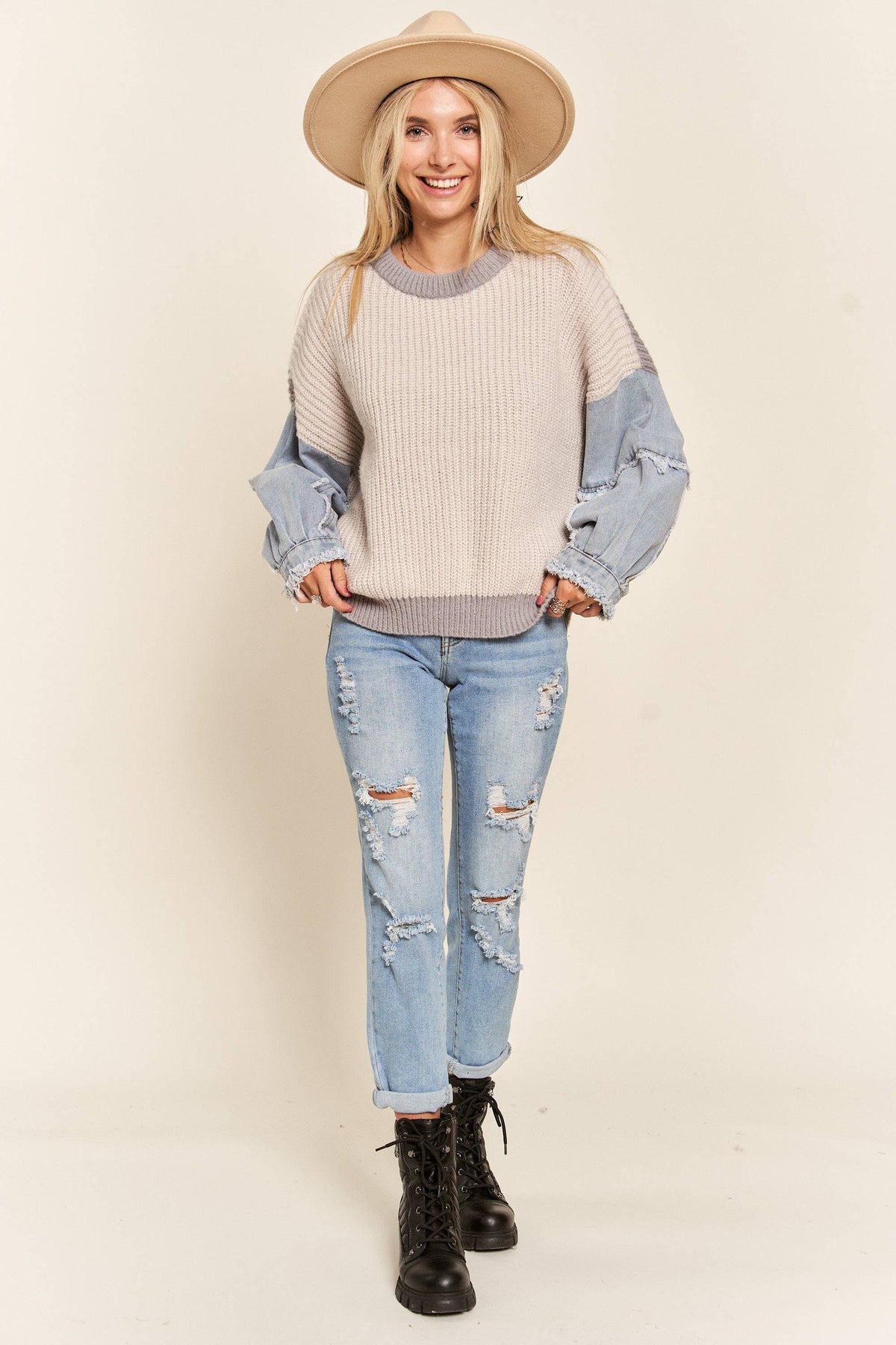 Rosa Dolce Denim Sleeve Sweater - Gray