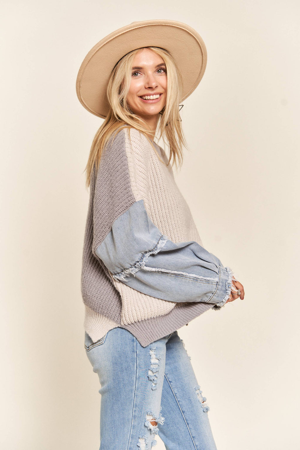 Rosa Dolce Denim Sleeve Sweater - Gray